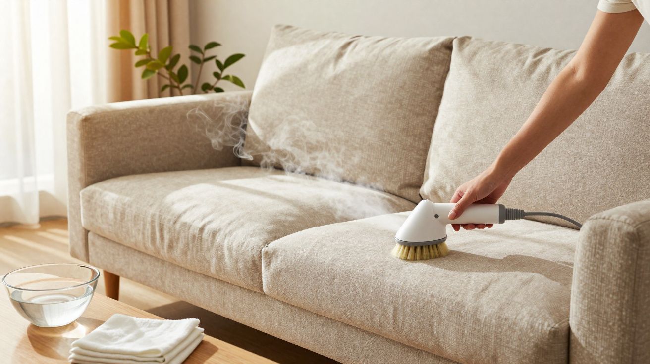Pessoa limpando sofá bege com vaporizador em sala iluminada com mesa de madeira e planta.