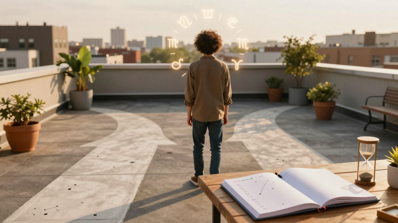 Pessoa na dúvida entre dois caminhos numa cobertura, com sinais astrológicos iluminados e agenda aberta.