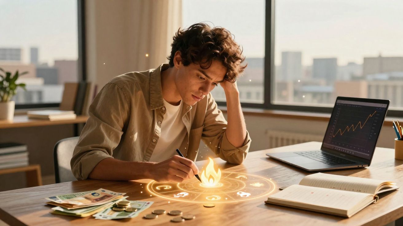 Jovem concentra-se em símbolo mágico iluminado enquanto estuda finanças com dinheiro e laptop na mesa.