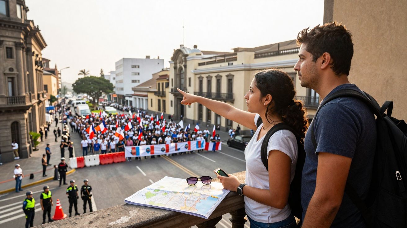 Jovem casal observa manifestação na rua com pessoas segurando faixas e bandeiras, em ambiente urbano.