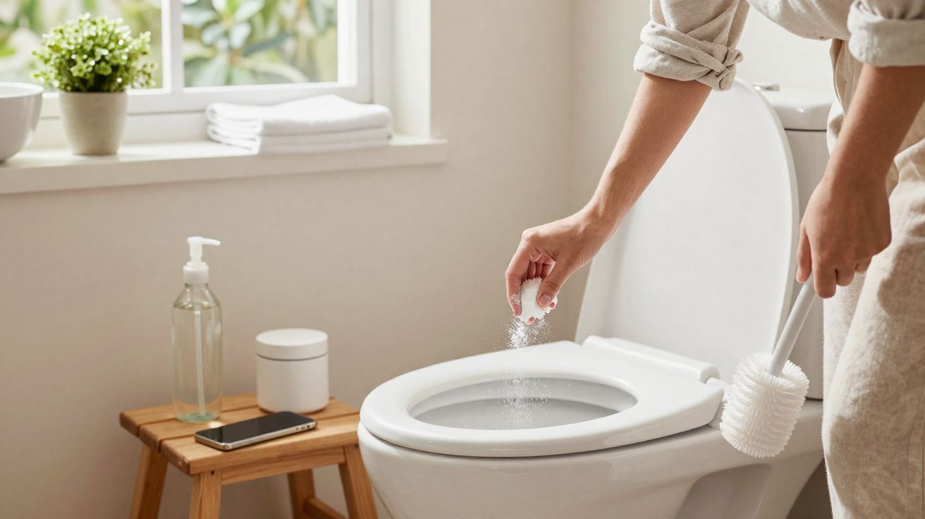 Pessoa aplicando produto de limpeza em vaso sanitário branco em banheiro claro com vaso, toalha e celular.