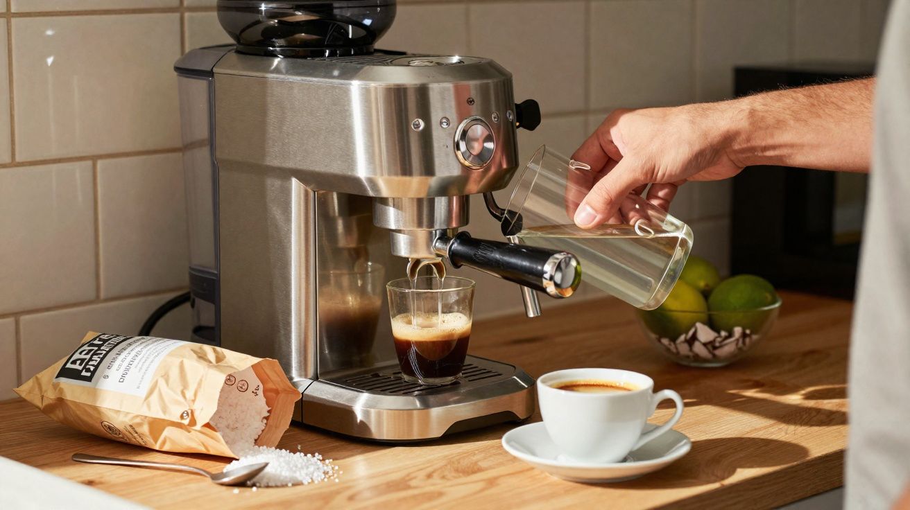 Pessoa prepara café com máquina espresso em cozinha, com xícara e pacote de açúcar na bancada.