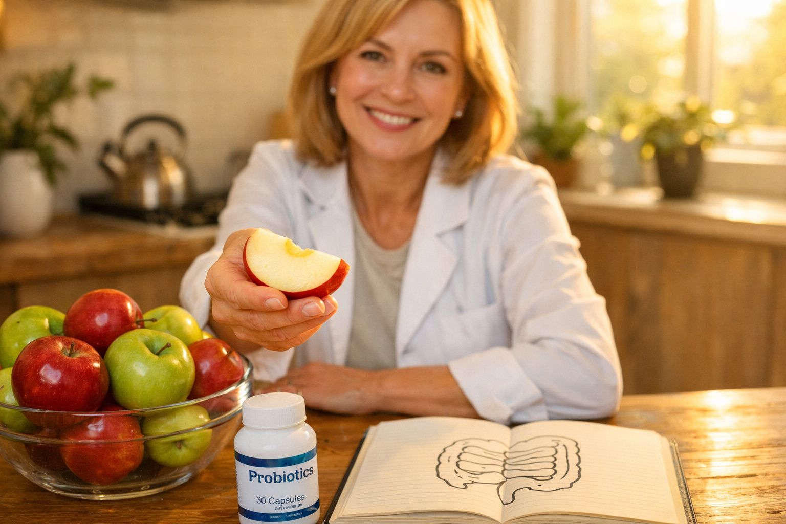 Mulher sorridente segurando fatia de maçã com tigela de maçãs e frasco de probióticos na mesa.