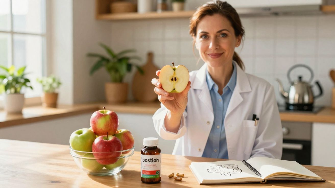 Profissional de saúde segura meia maçã, com maçãs, suplemento e caderno em mesa de cozinha iluminada.