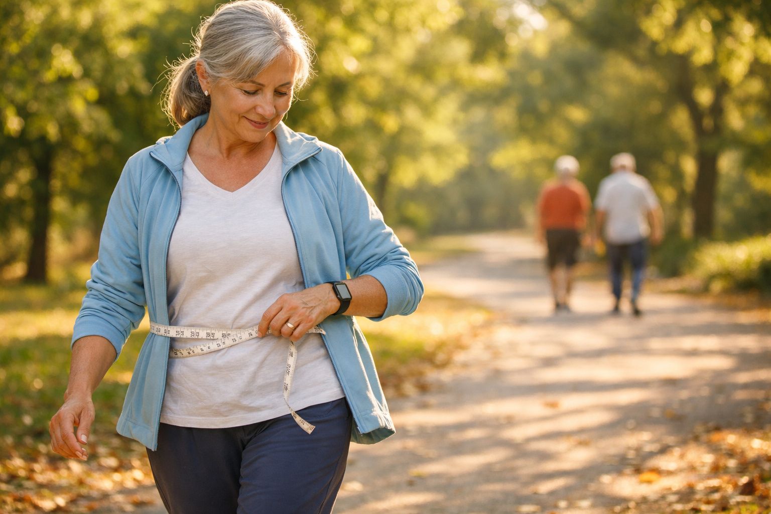 Mulher madura medindo cintura com fita métrica durante caminhada ao ar livre em parque ensolarado.