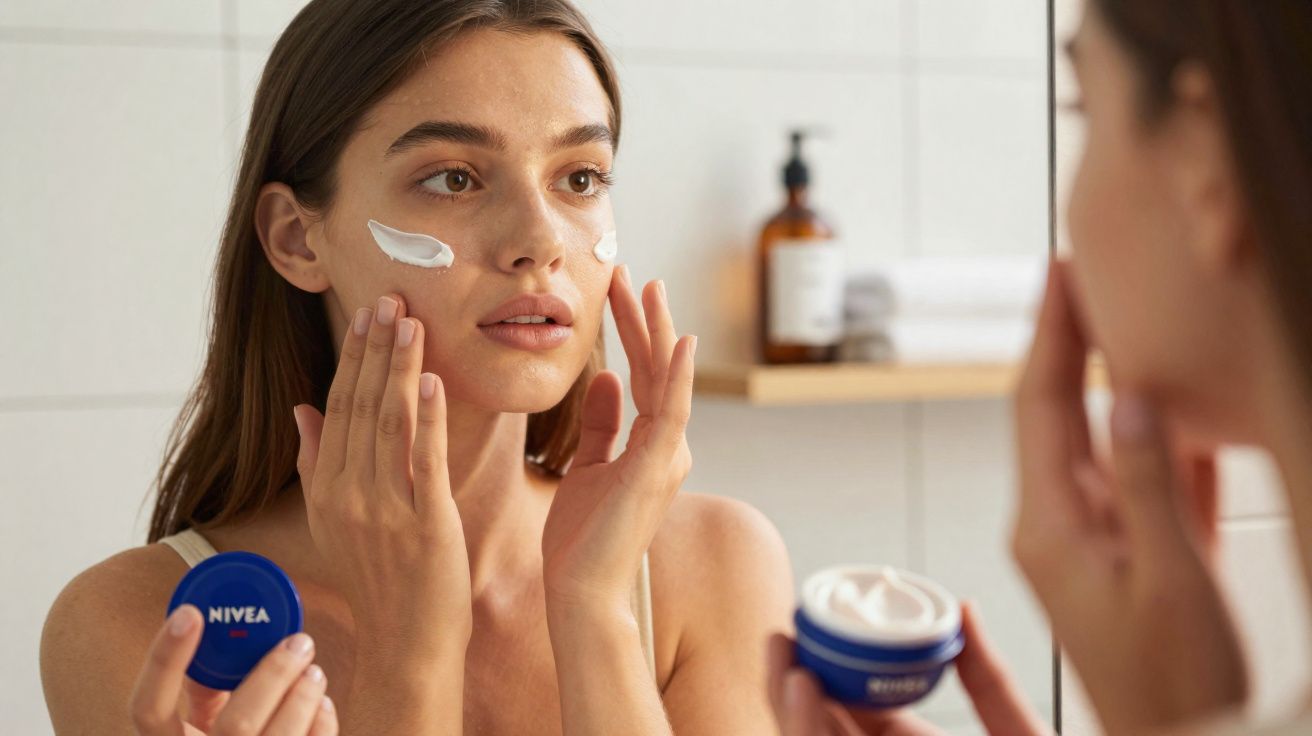 Mulher aplicando creme facial Nivea no rosto em frente ao espelho no banheiro.