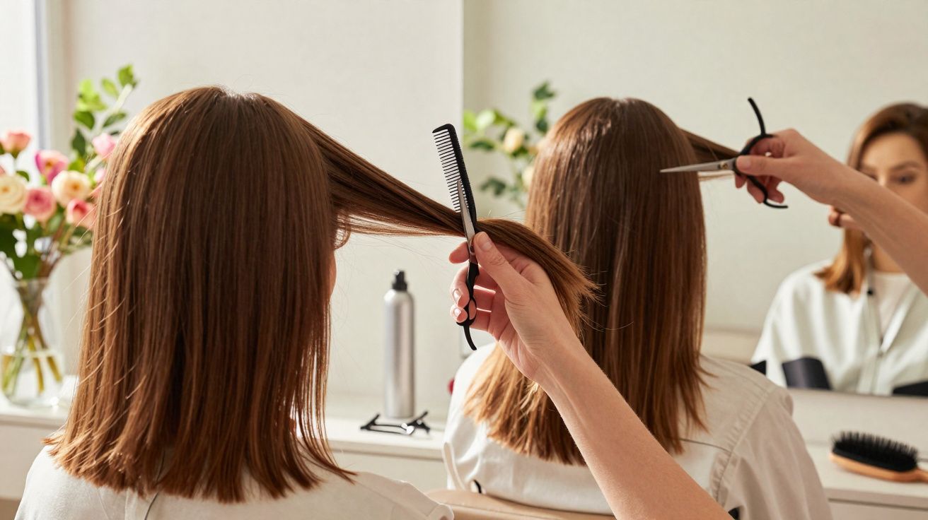 Mulher com cabelo castanho sendo cortado por cabeleireiro em salão moderno com planta ao fundo.