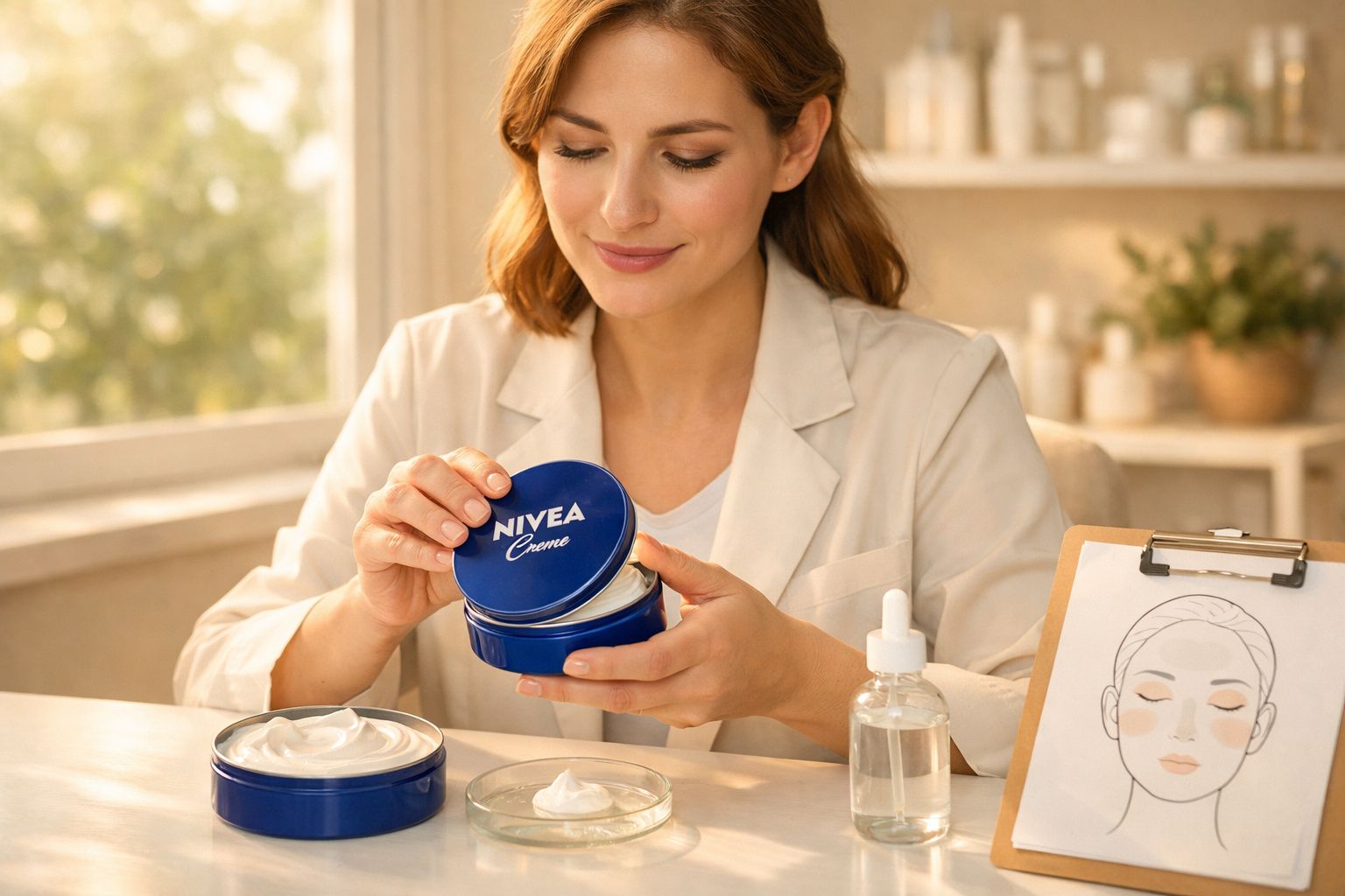 Mulher abrindo pote de creme Nivea em ambiente claro, com produtos de cuidados e desenho facial à mesa.