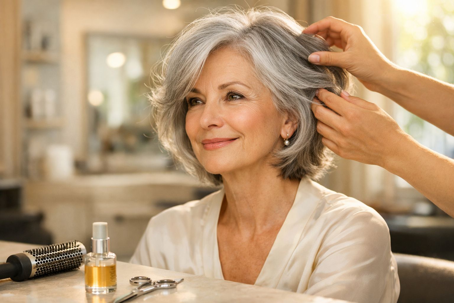Mulher madura sorridente recebendo cuidado no cabelo em salão de beleza, ambiente iluminado e acolhedor.
