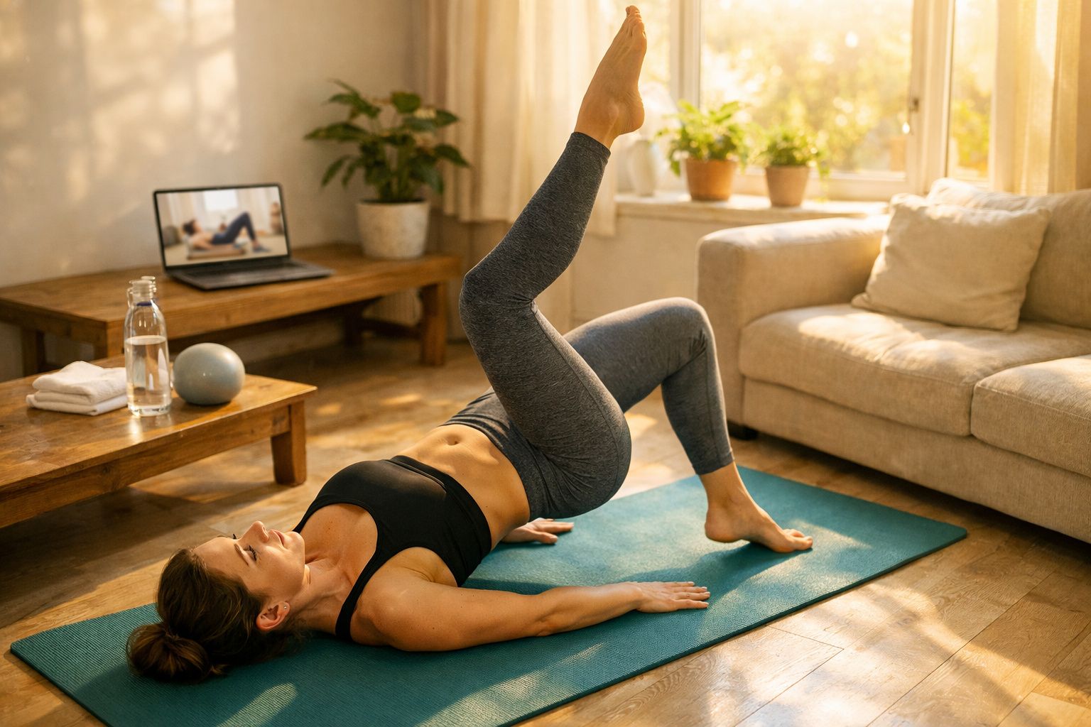 Mulher fazendo exercício em tapete azul na sala, com laptop e luz natural ao fundo.