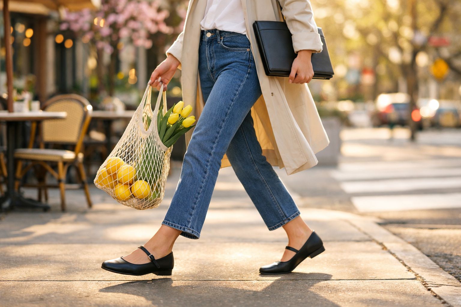 Pessoa caminhando com bolsa ecológica contendo tulipas amarelas e limões em calçada urbana iluminada pelo sol.