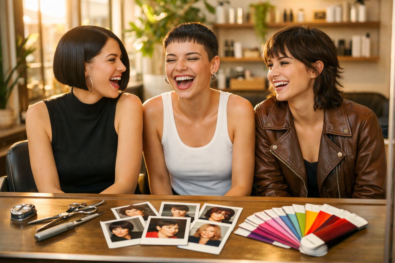 Três mulheres sorrindo sentadas à mesa com fotos, ferramentas de cabeleireiro e amostras de cores.