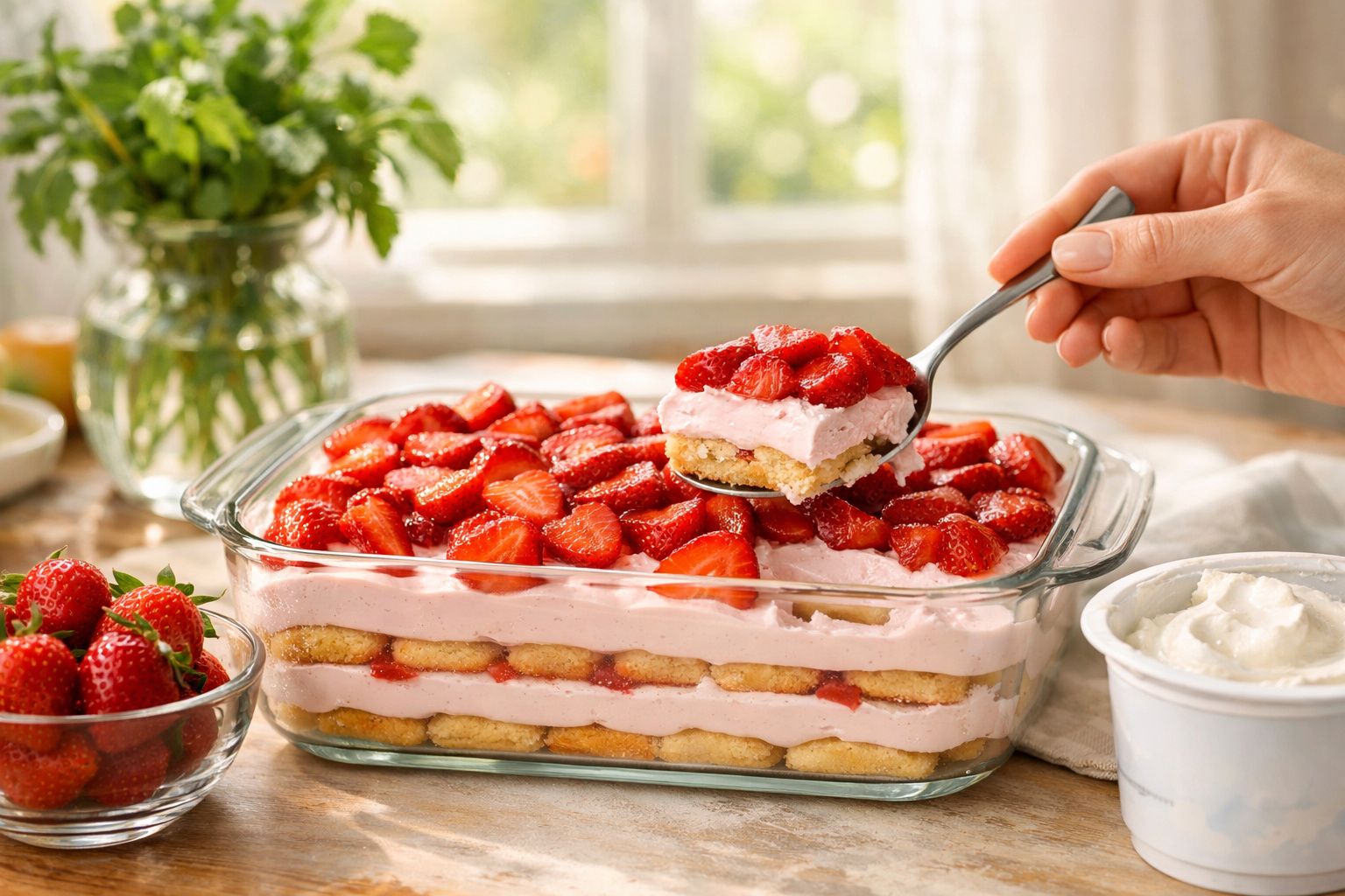 Pote de vidro com sobremesa de morango em camadas, sendo servida com colher por uma mão.