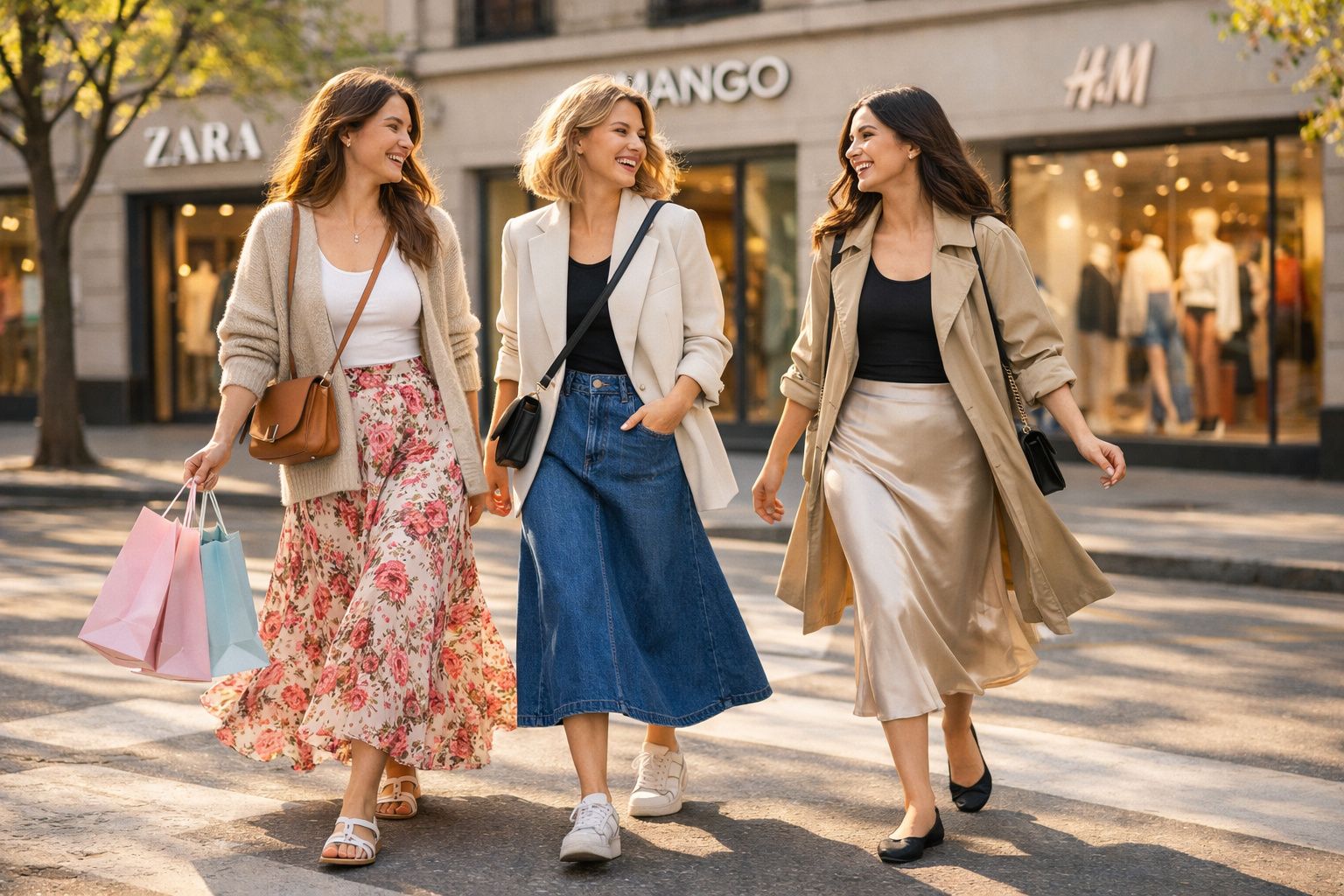 Três mulheres sorrindo e caminhando com sacolas de compras em uma rua comercial ensolarada.