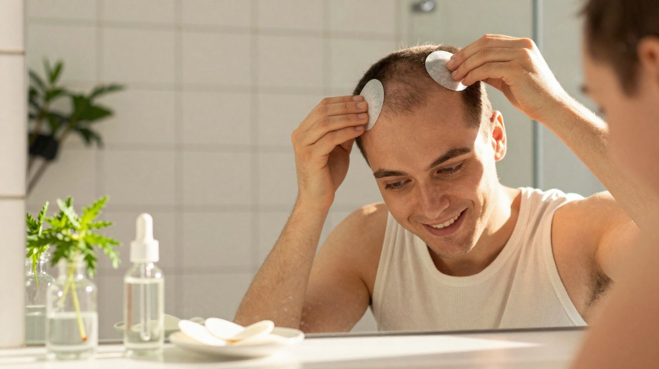 Homem careca aplicando discos de algodão na cabeça em frente ao espelho no banheiro.