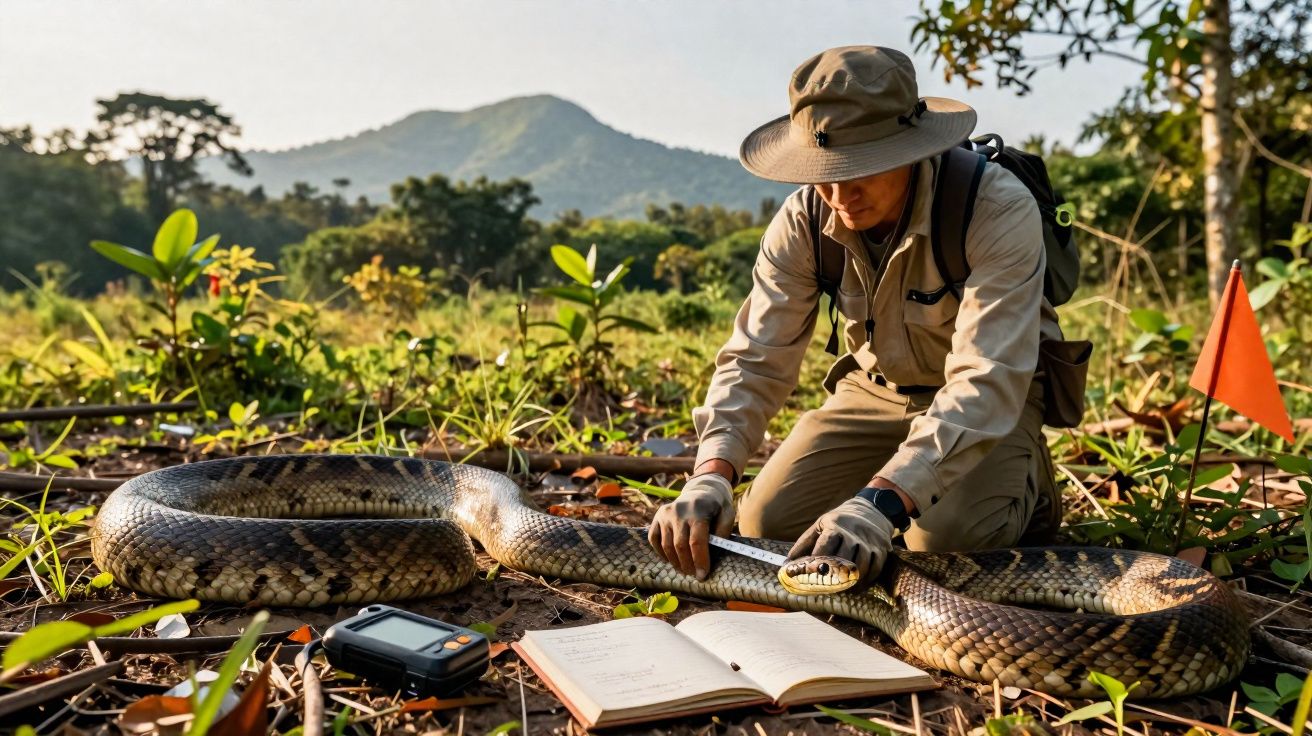 Pesquisador medindo a cobra sucuri gigante em área de floresta com caderno aberto ao lado.