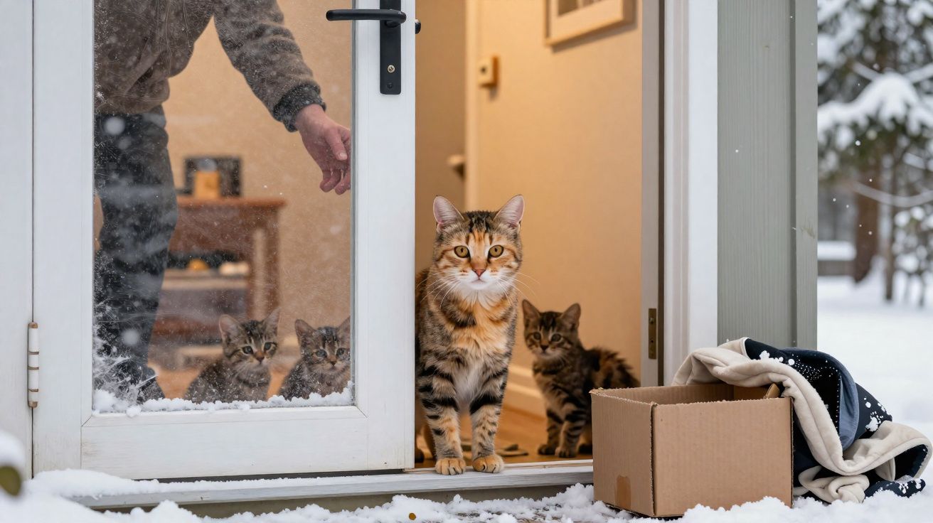 Gato e três filhotes na porta aberta, caixa de papelão e neve do lado de fora da casa.
