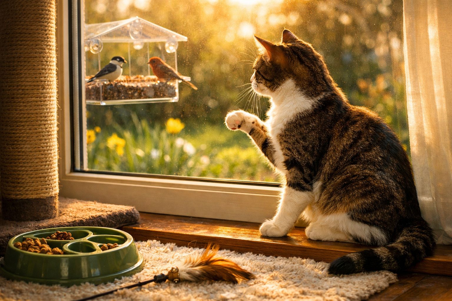 Gato olhando pela janela onde dois pássaros estão alimentando-se em comedouro suspenso ao pôr do sol.