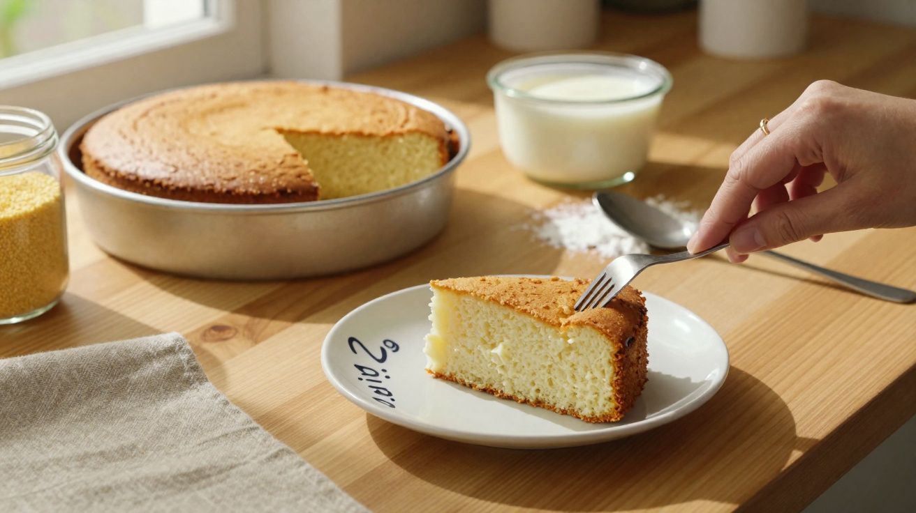 Pedaço de bolo amarelo em prato branco sobre mesa de madeira, com mão segurando garfo para cortar.
