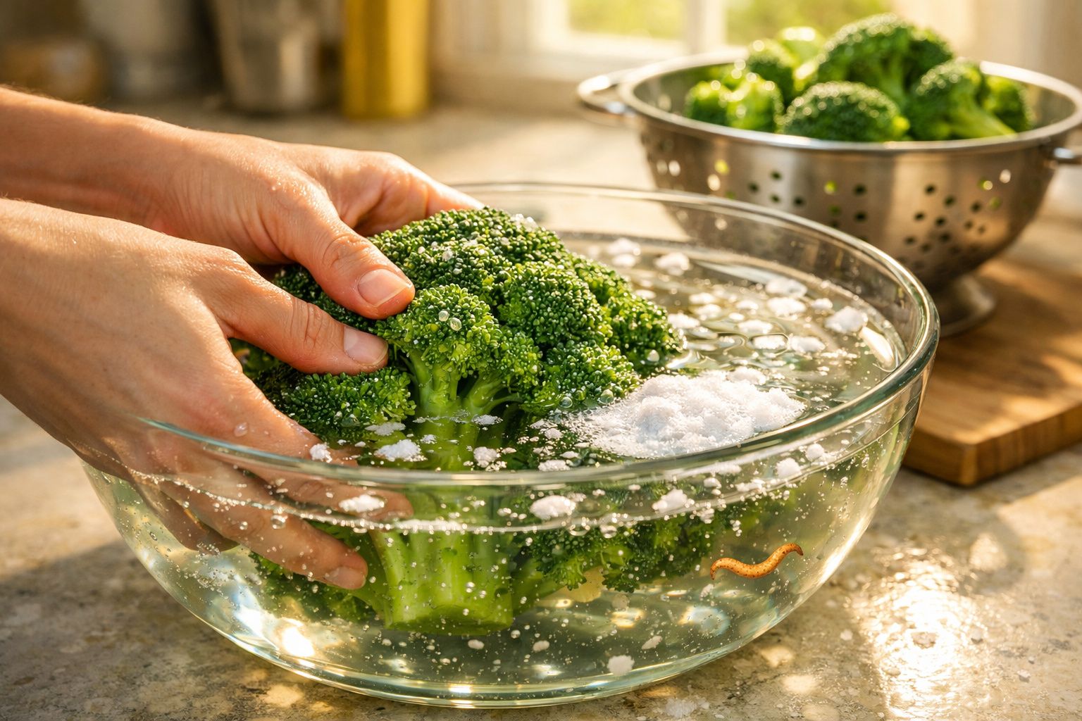 Mãos lavando um brócolis em uma tigela de vidro com água e bicarbonato, com uma peneira ao fundo.