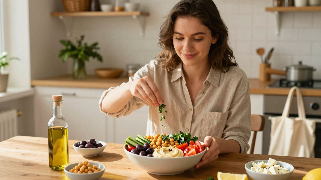 Mulher preparando salada com grão-de-bico, tomates, azeitonas e azeite em cozinha iluminada.
