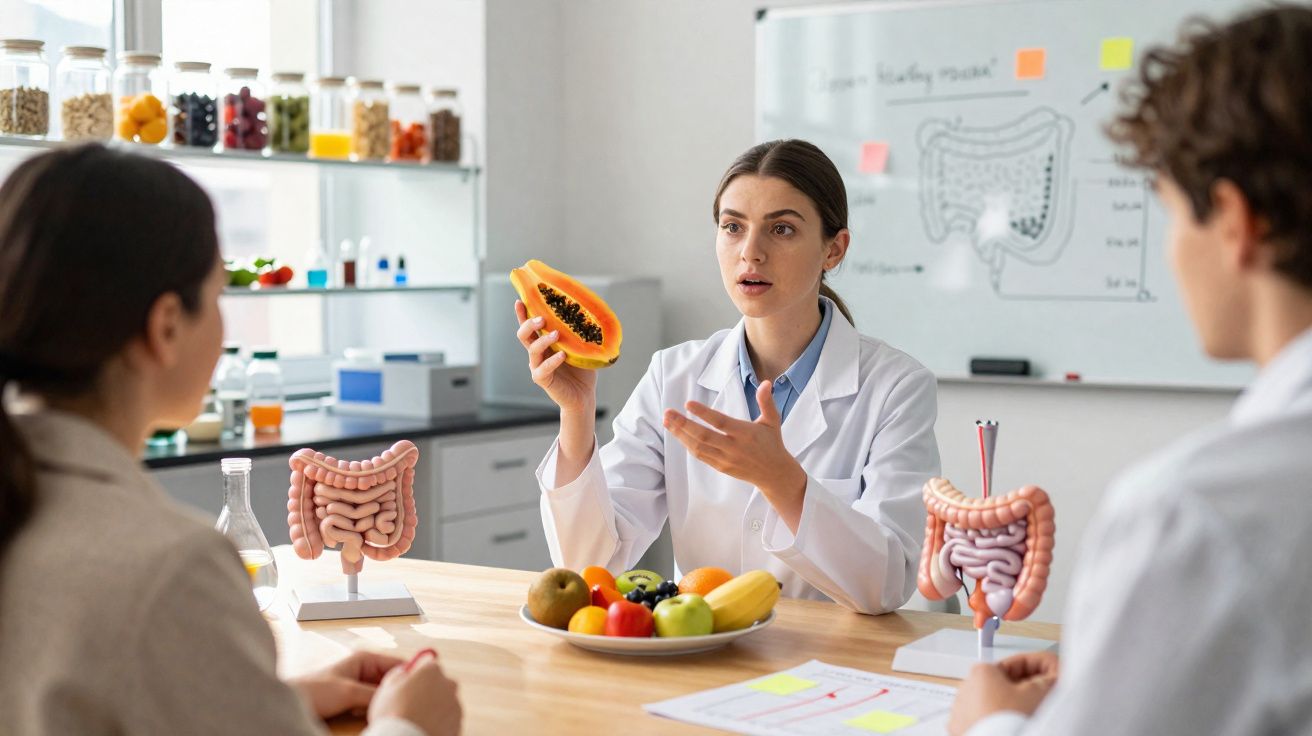 Nutricionista explicando benefícios da papaia para a digestão a pacientes com modelos de intestino.