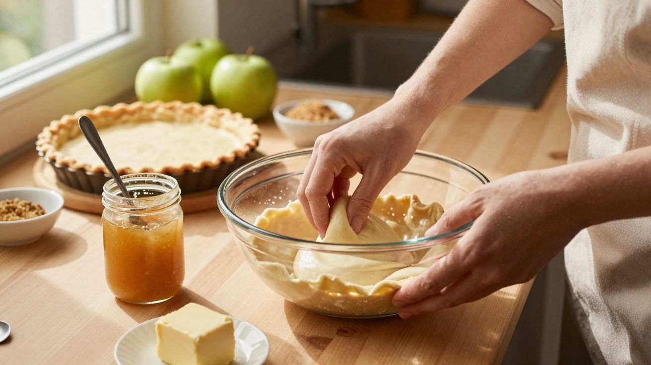 Pessoa preparando massa de torta em tigela de vidro, com maçãs verdes, manteiga e geleia em bancada.