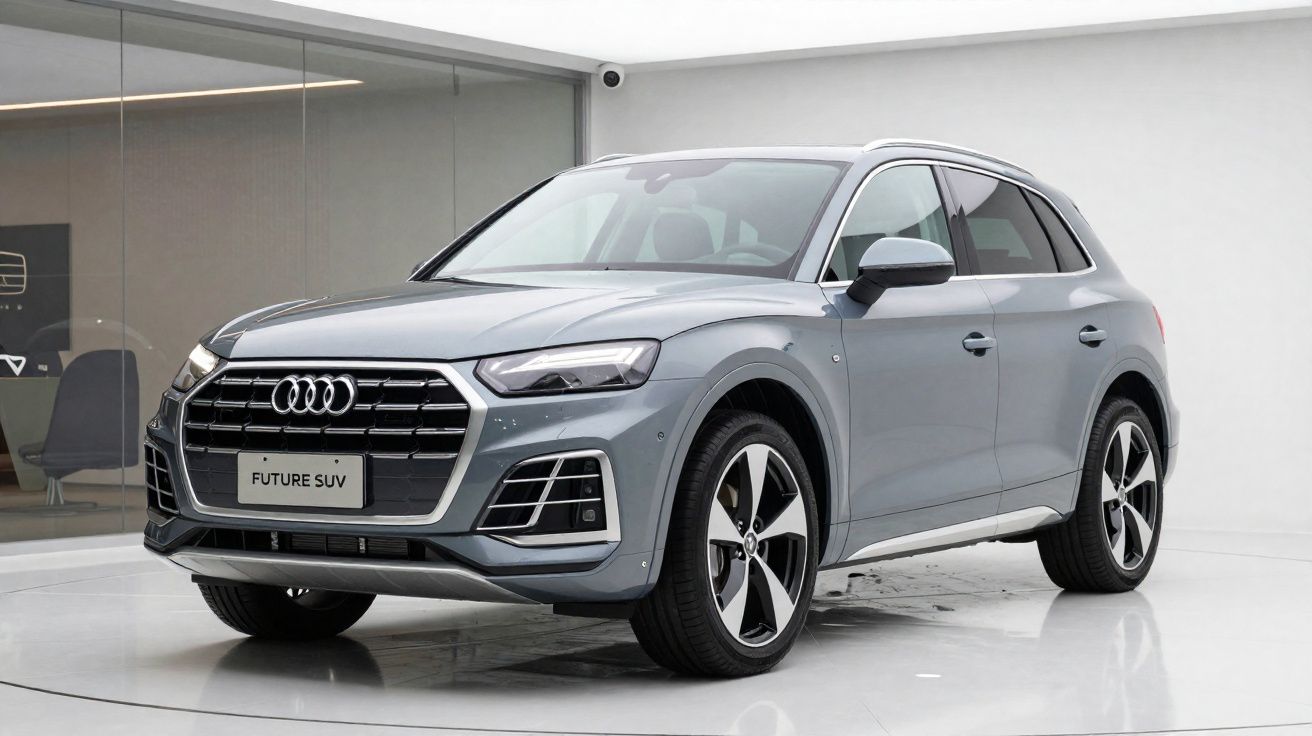 Carro SUV Audi cinza estacionado em ambiente interno com placa escrita Future SUV.