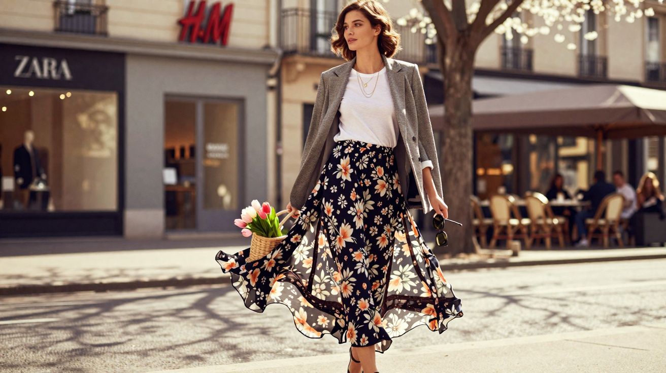 Mulher caminhando na rua com saia floral, camiseta branca, blazer cinza e cesta de flores nas mãos.