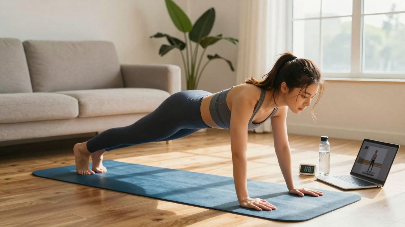 Mulher fazendo prancha em tapete azul, seguindo treino em laptop, em sala com sofá e planta.
