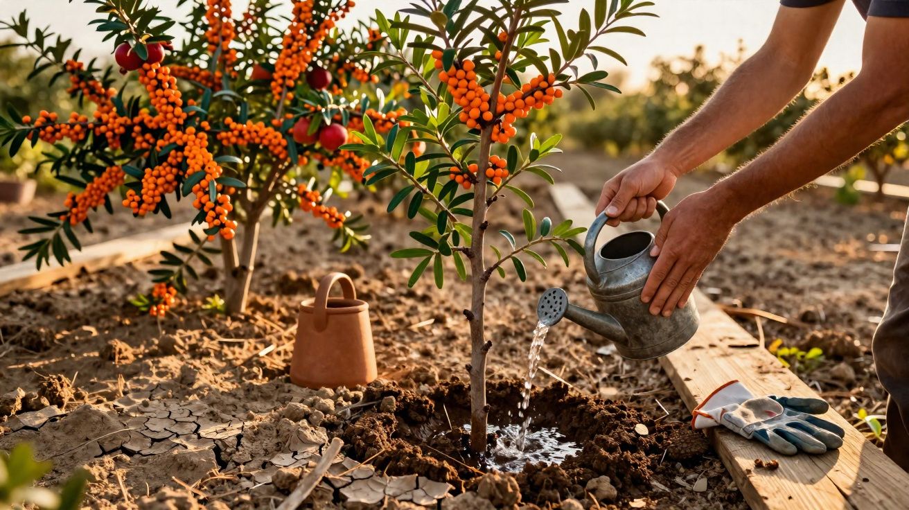 Pessoa regando muda de planta com frutos laranja em terreno seco com luvas e regador próximo.