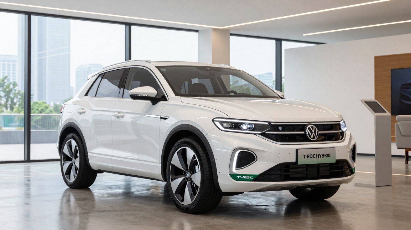 Carro SUV branco Volkswagen T-Roc Hybrid estacionado em showroom com piso cinza e grandes janelas ao fundo.