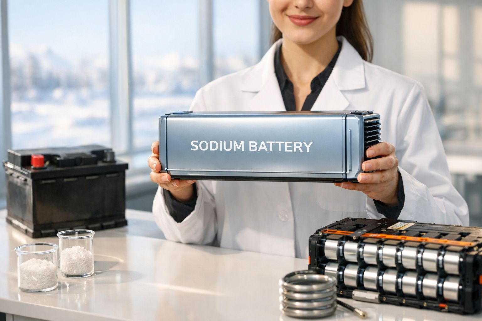 Pesquisadora em jaleco segurando bateria de sódio em laboratório com outros equipamentos sobre a mesa.