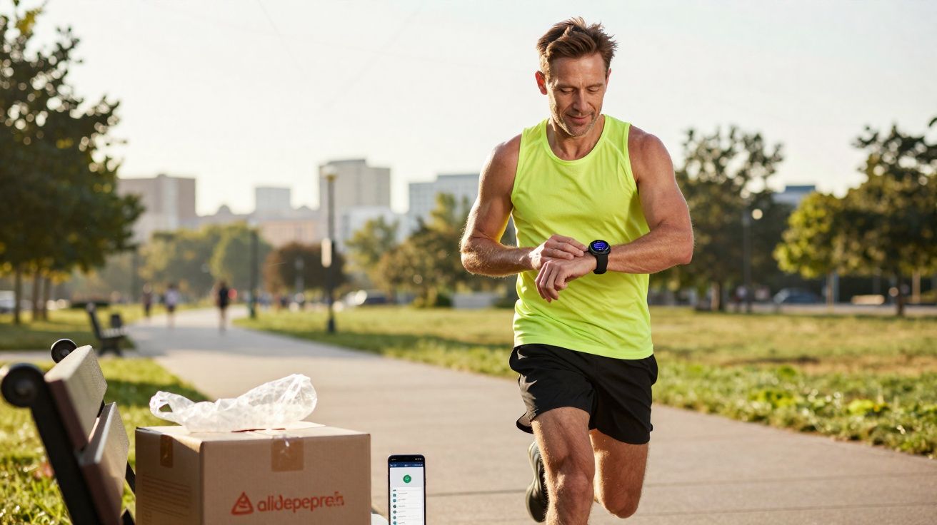 Homem correndo em parque urbano olhando relógio esportivo no pulso durante exercício matinal.