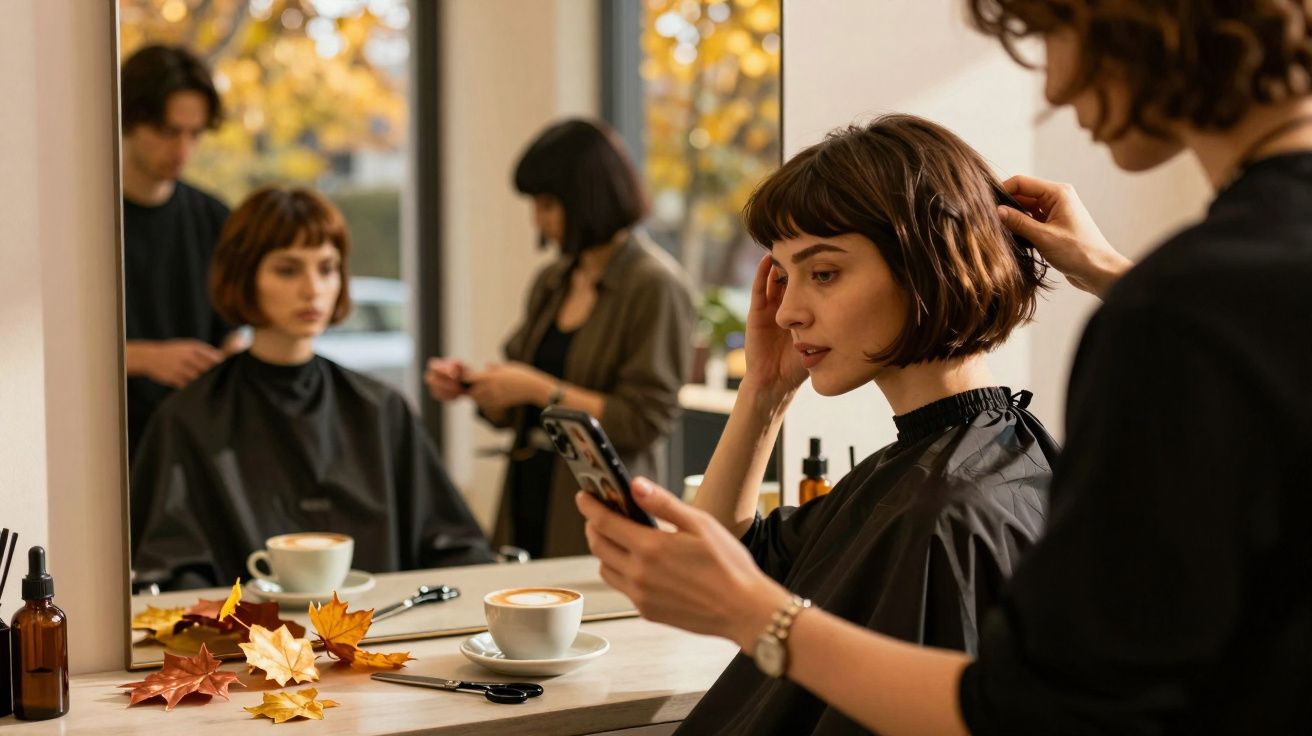 Mulher com cabelo curto sendo atendida por cabeleireira em salão, com xícaras de café e folhas de outono na mesa.