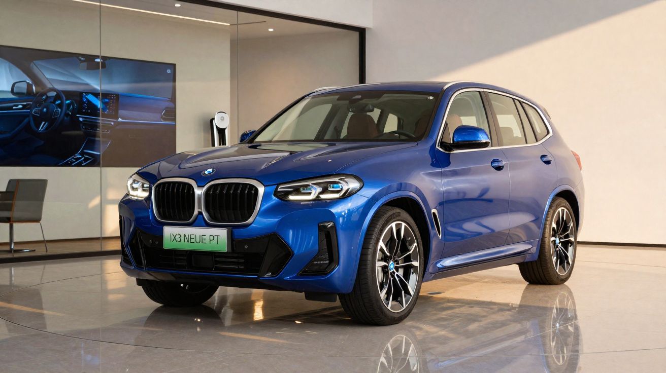 Carro SUV BMW elétrico azul modelo iX3 estacionado em showroom moderno com piso refletivo.