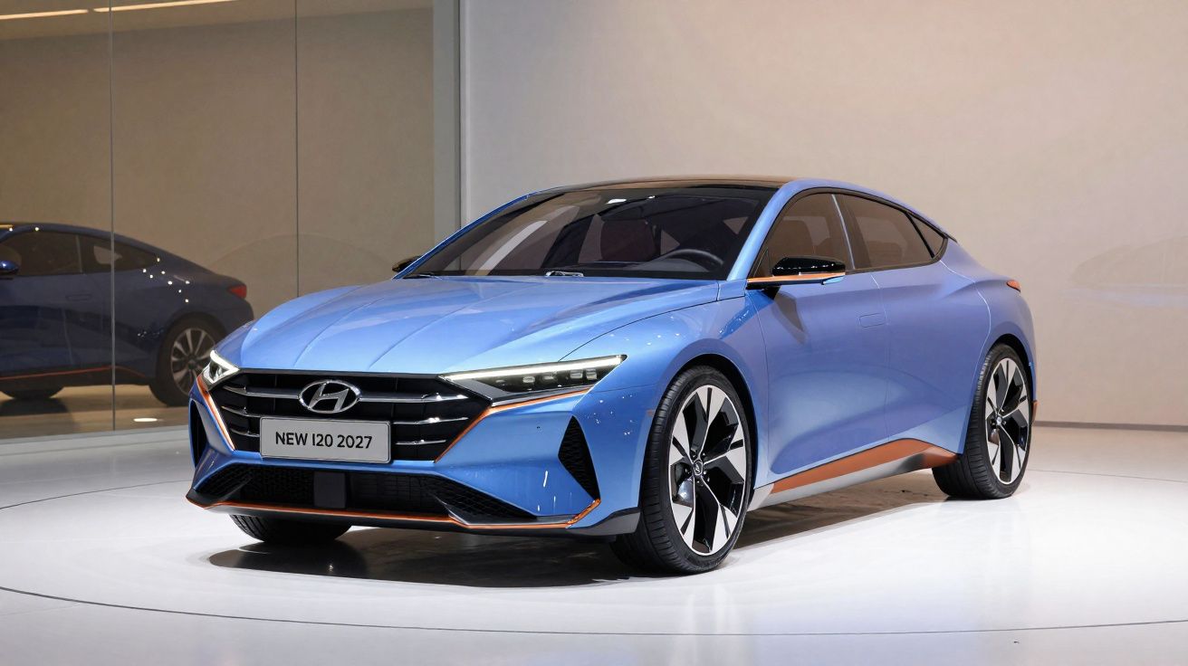 Hyundai New i20 2027 azul em exposição em ambiente moderno e iluminado.