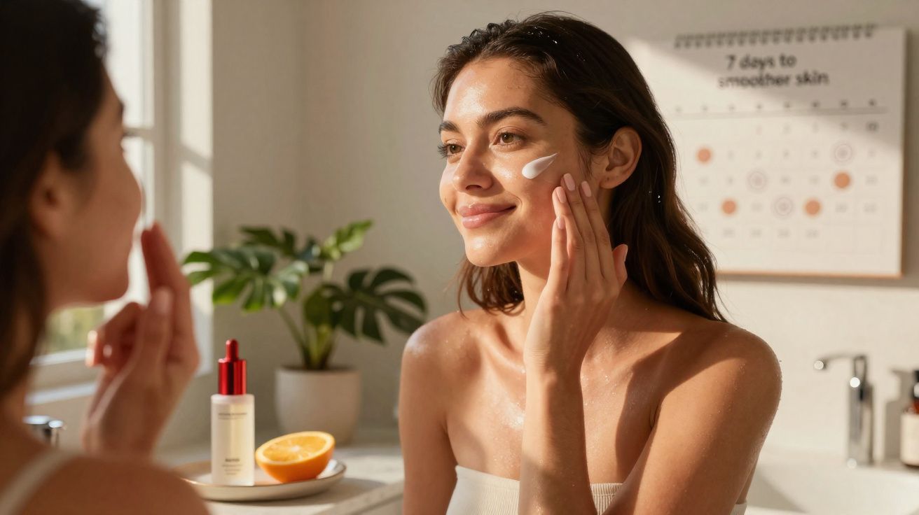 Mulher aplicando creme facial, olhando no espelho em ambiente iluminado, com planta e laranja ao fundo.