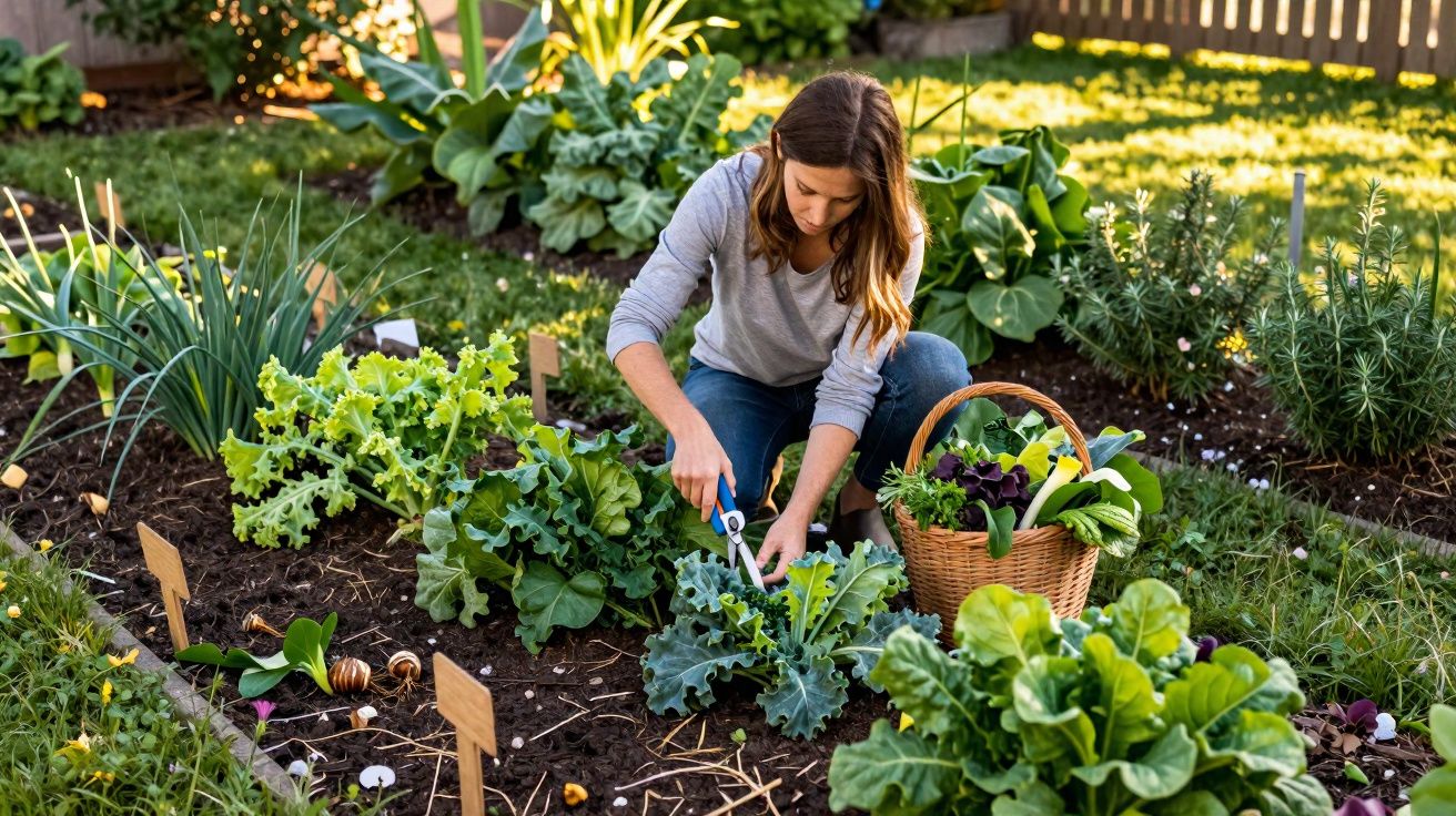 Mulher colhendo verduras em horta caseira com cesta cheia de legumes frescos ao lado.