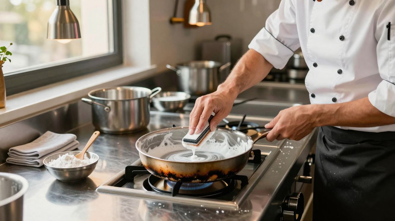 Chef limpando frigideira com esponja em cozinha profissional com utensílios e bancada de inox.