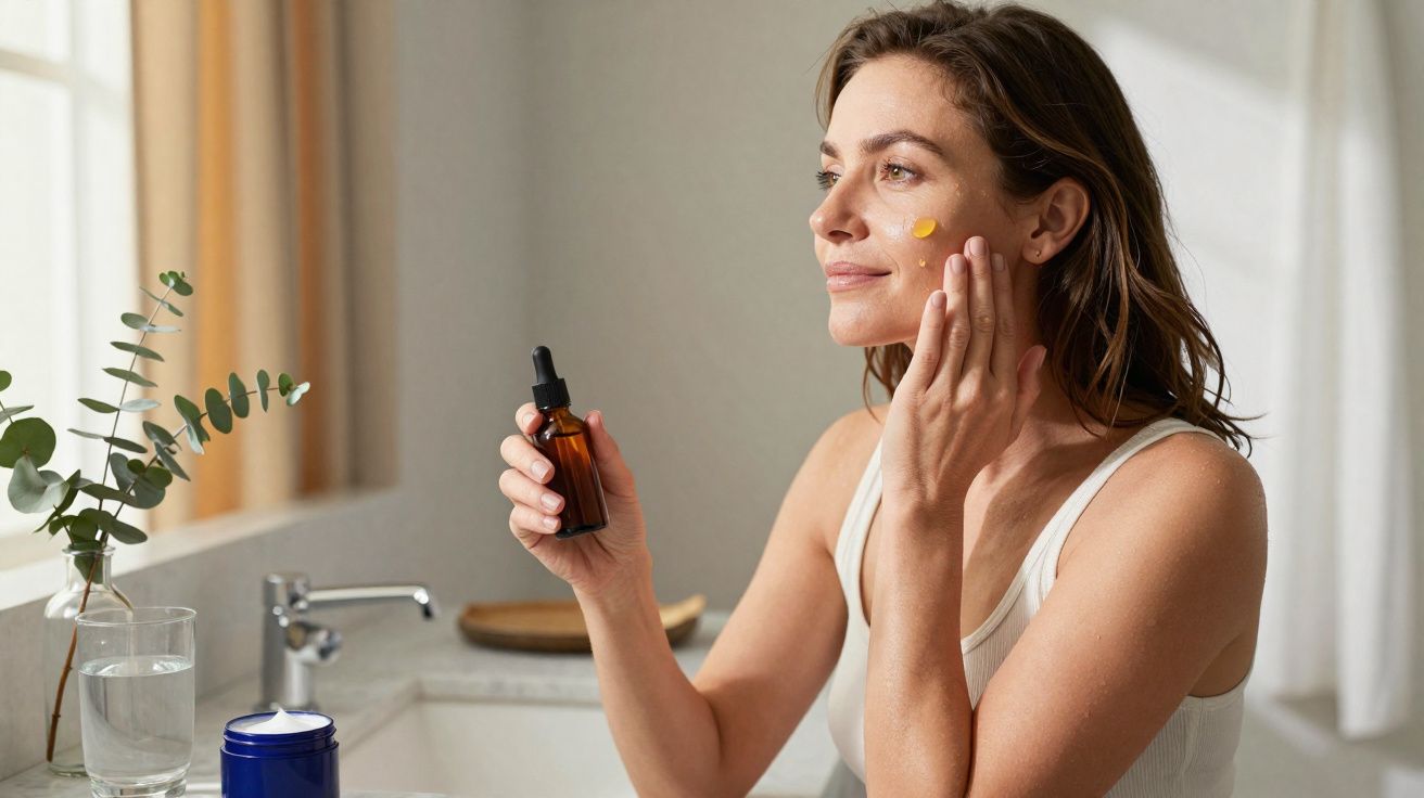 Mulher aplicando sérum facial em um banheiro iluminado, com plantas e produtos de skincare à mesa.
