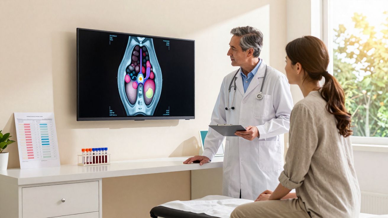 Médico explicando exame abdominal em tela para paciente sentada em consultório iluminado.