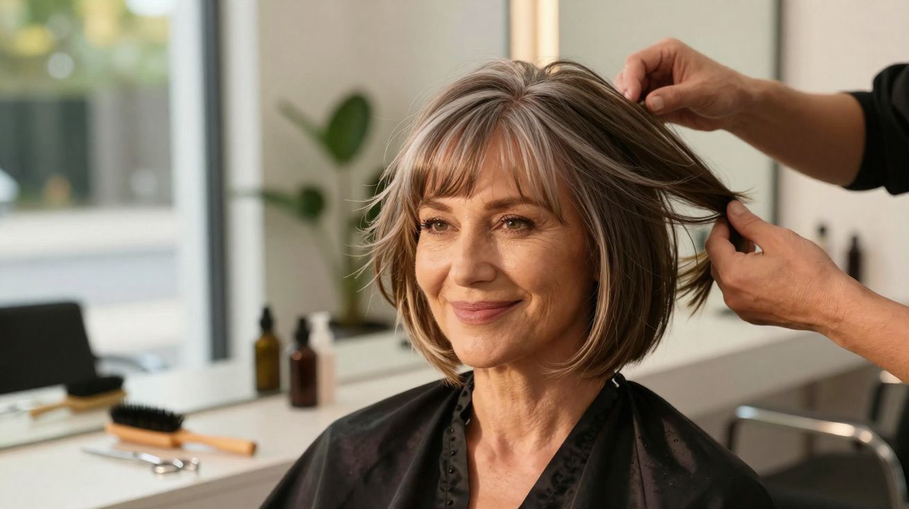 Mulher sorridente com cabelos grisalhos sendo arrumada por cabeleireiro em salão de beleza.