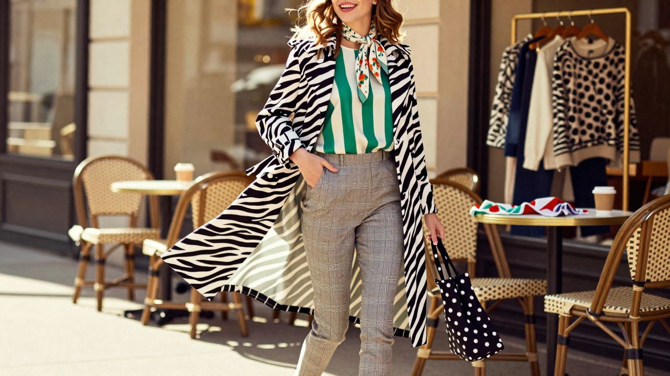 Mulher sorridente caminhando na rua com casaco listrado, blusa verde às riscas e calça cinza xadrez.