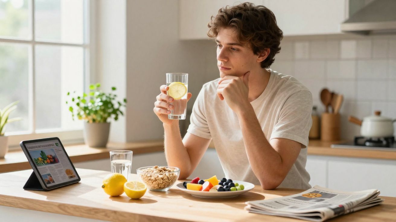 Jovem sentado à mesa tomando água com limão e vendo receita em tablet na cozinha iluminada.