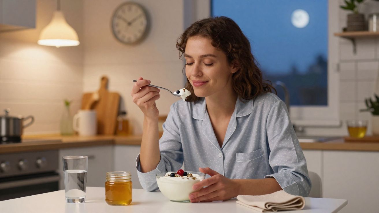 Mulher com pijama azul comendo iogurte com frutas em uma cozinha ao entardecer.