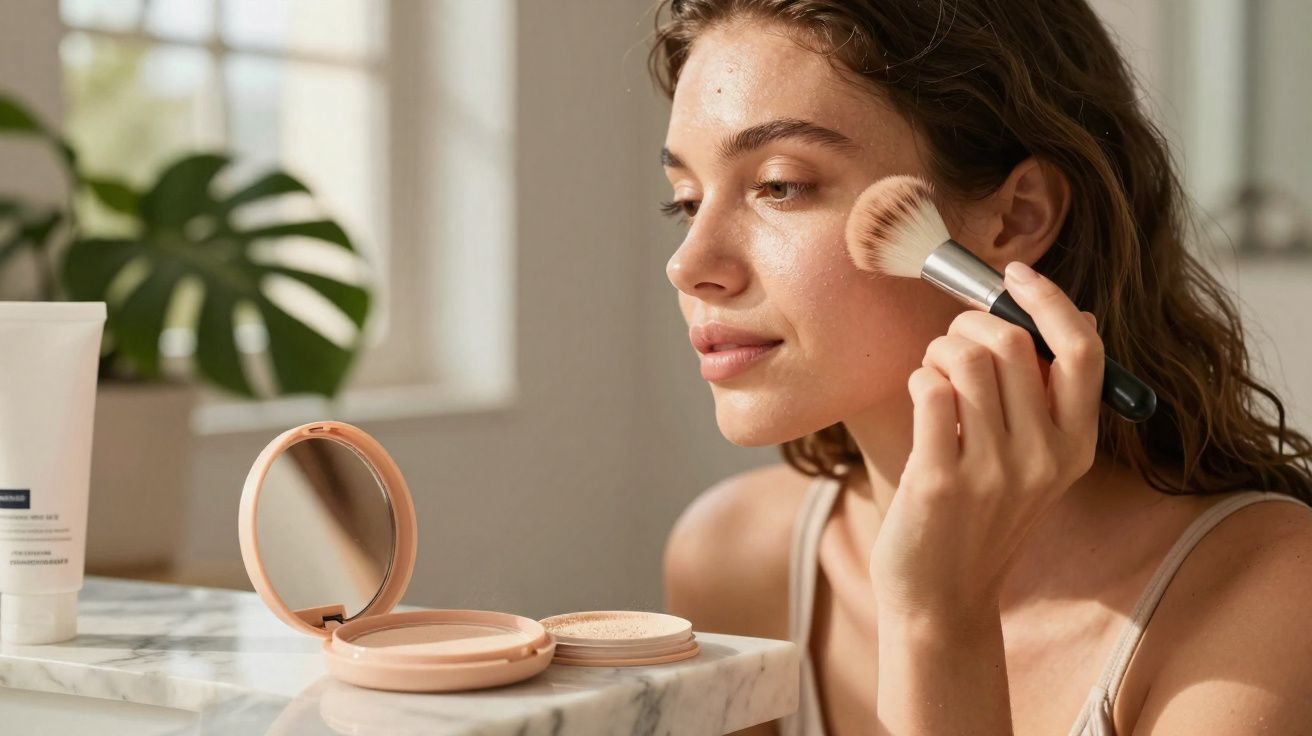 Mulher aplicando pó facial com pincel em frente ao espelho no banheiro iluminado naturalmente.