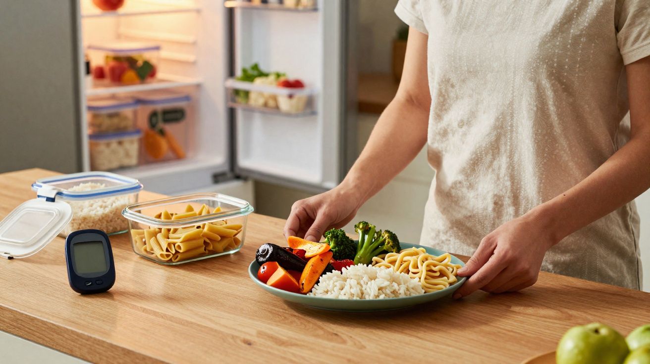 Pessoa segurando prato com arroz, macarrão e legumes na cozinha ao lado de medidor de glicose e alimentos no balcão.
