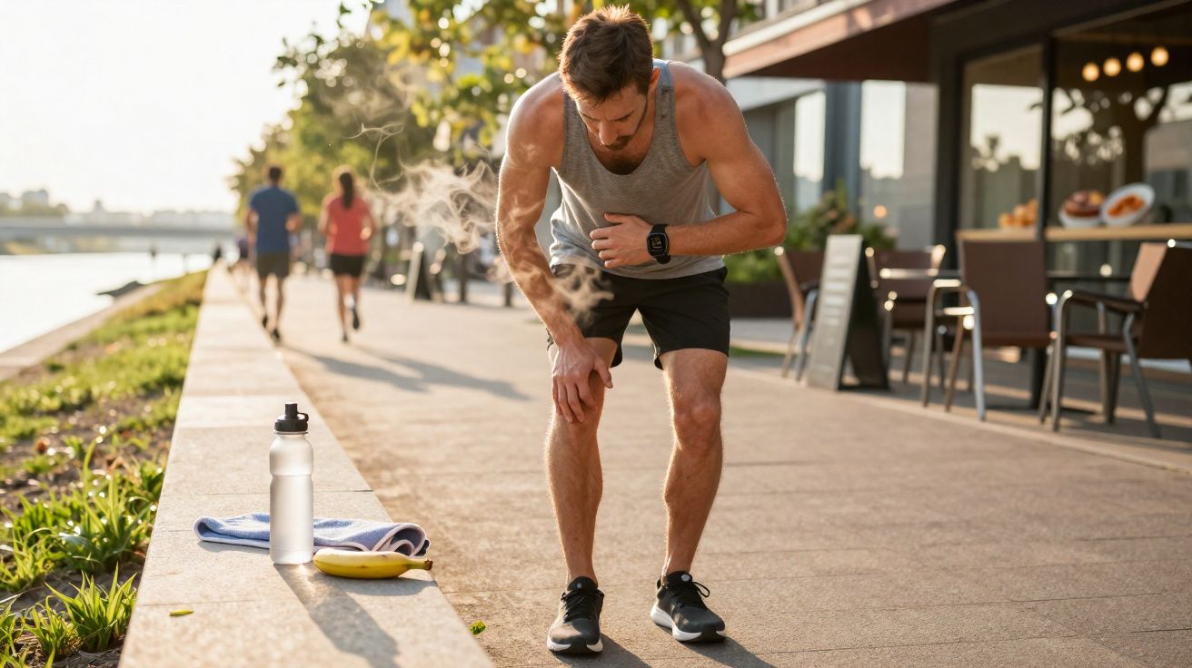 Homem cansado segurando o peito após corrida ao ar livre em calçada urbana próximo a um rio.
