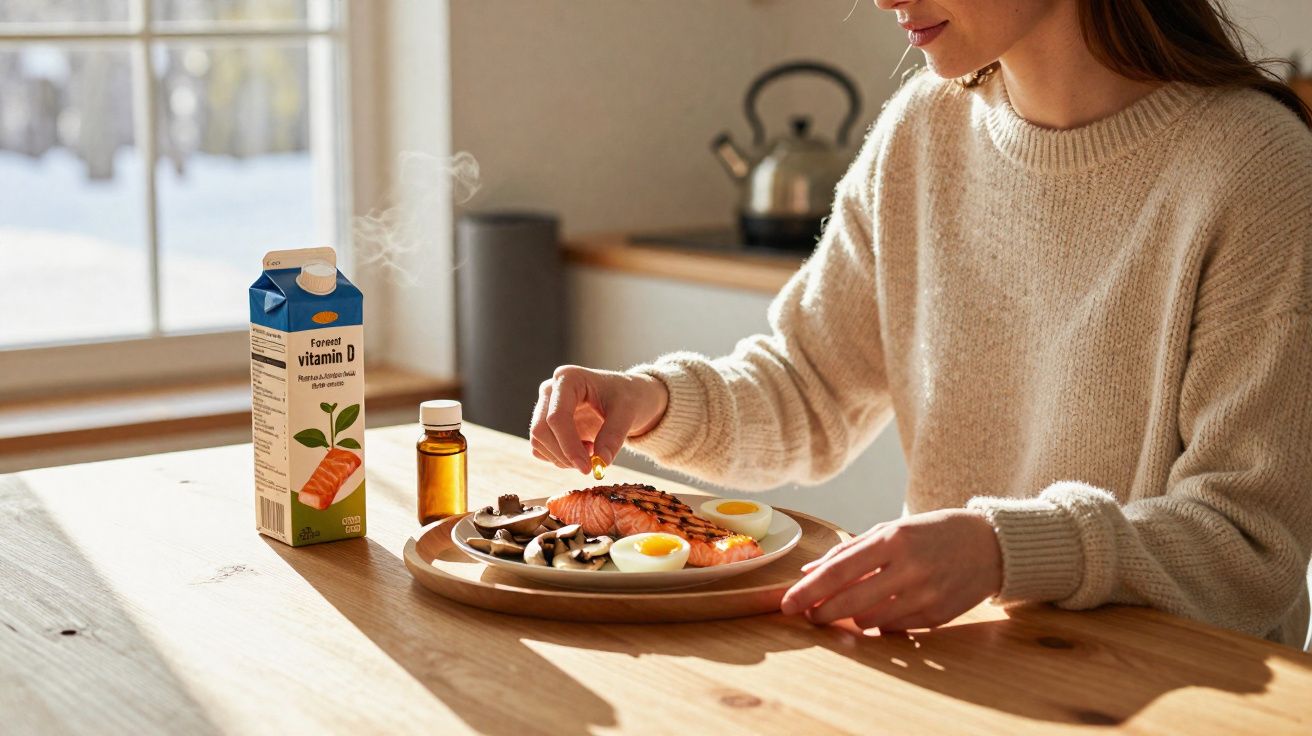 Mulher com suéter bege tempera salmão, ovos e cogumelos em prato, com embalagem de vitamina D na mesa.